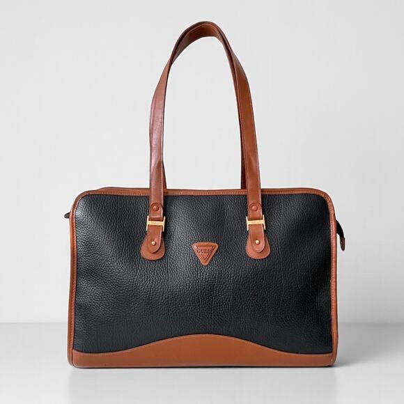 GUESS Black Cognac Leather Satchel Laptop Bag 90s Vintage Oldmoney Corporate - Picture 2 of 9